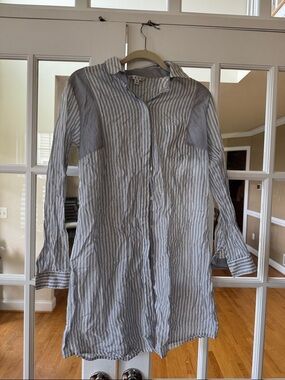 CAbi Blue and White Striped Longline Blouse